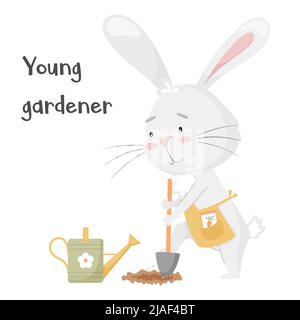 Cute rabbit, digging with a shovel, planting a carrot. Young bunny gardener. Adorable animal, character in pastel colors. For cards, clothes, t shirt Stock Vector
