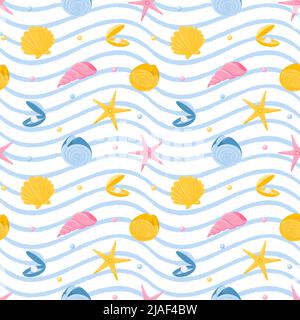 Seamless pattern with starfish, nautilus, seashells and pearls. Marine animals. Vector illustration in a flat cartoon style on a white background with Stock Vector