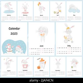 Calendar 2023 with cute rabbits. children's poster. Year of the cat and