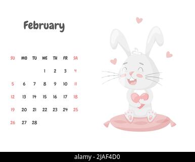 Calendar page for the month of February 2023 with a cute rabbit sitting on a pink pillow and holding a heart.Valentine's Day. Adorable animal, charact Stock Vector
