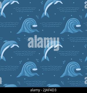 Seamless pattern with sea, ocean wave and cute diving dolphin. Sea element and aquatic animal. For summer, beach textiles. Vector illustration in a fl Stock Vector