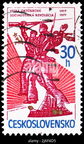 MOSCOW, RUSSIA - MAY 14, 2022: Postage stamp printed in Czechoslovakia devoted to 60th Anniversary of Russian October Revolution, serie, circa 1977 Stock Photo