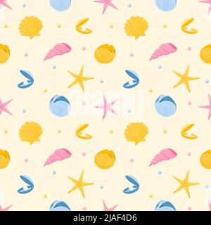 Seamless pattern with starfish, nautilus, seashells and pearls. Marine animals. Vector illustration in a flat cartoon style on a beige background. For Stock Vector