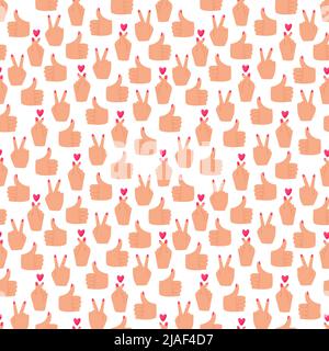 Abstract seamless pattern of hand gestures with manicure. the heart after clicking your fingers, okay, victory. Vector illustrations in a flat cartoon Stock Vector