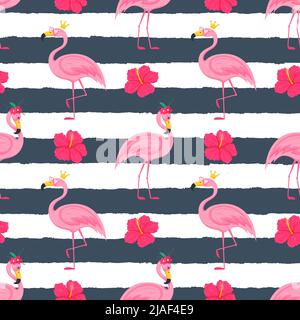 Summer seamless pattern with cute pink flamingos in a crown and sunglasses, hibiscus flowers. Bright vector illustrations in a flat cartoon style on a Stock Vector