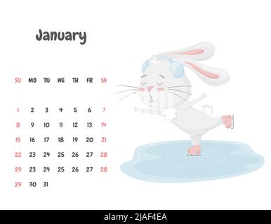 Calendar page for the month of January 2023 with a cute rabbit skating on an ice rink wearing headphones. Adorable animal, a character in pastel color Stock Vector