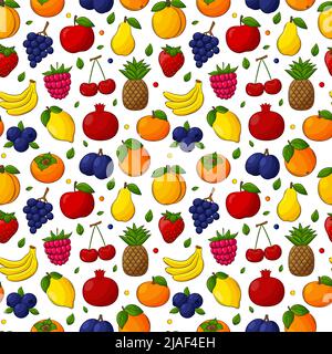 Bright juicy summer fruit seamless pattern. Hand-drawn fruit with an outline. A set of fruits and berries. For summer textiles, food packaging, napkin Stock Vector