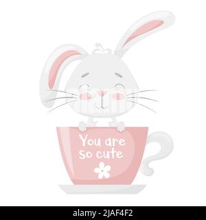 Cute funny rabbit sitting in a teacup. You are so cute. Adorable animal, character in pastel colors. Kids design. For cards, clothes, t shirt print. V Stock Vector