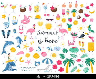 A large collection of bright summer design elements. Cocktails, botany, animals, beach accessories, tropical fruits, sweet food. Cute vector illustrat Stock Vector