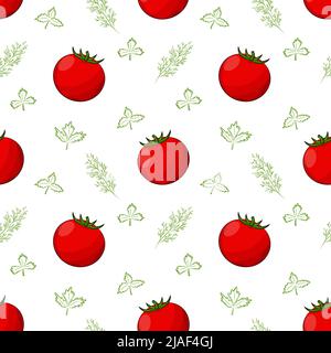 Bright summer seamless pattern with fresh red tomatoes and greens. Natural vegetables in hand-drawn style. Great for food packaging. Color vector illu Stock Vector