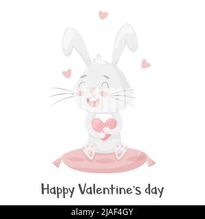 Cute smiling bunny sitting on a pink pillow and holding a heart. Happy Valentine's Day. Adorable animal, character in pastel colors. For cards, clothe Stock Vector