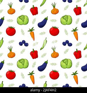 Bright summer seamless pattern with different vegetables and herbs. Natural vegetables, products, fresh food with an outline in a hand-drawn style. Co Stock Vector
