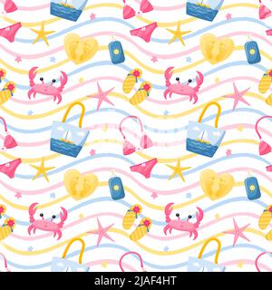 Summer seamless pattern with crab, beach accessories, bag, swimsuit and sunscreen, flip-flops. Bright vector illustrations in a flat cartoon style on Stock Vector