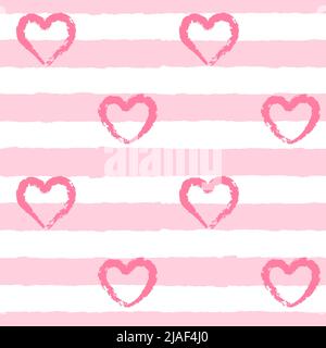 Seamless pattern with wide textured pink stripes and textured hand-drawn hearts. A simple summer, pastel pattern for valentine wrapping paper, clothes Stock Vector