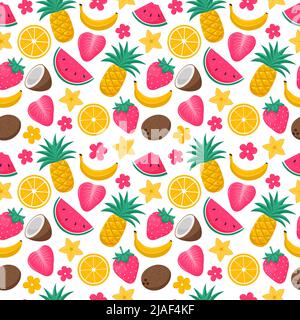 Bright summer seamless pattern with exotic, tropical fruits, berries and flowers. Coconut, pineapple, watermelon, strawberry. Vector illustrations in Stock Vector