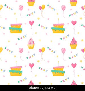 A festive seamless pattern with cute elements. Cake, balloons, flags and cake, hearts and stars. Symbols of holiday, celebration. Vector illustrations Stock Vector