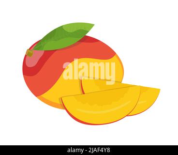 Whole mango with leaf and slices, flat style vector illustration isolated on white background Stock Vector