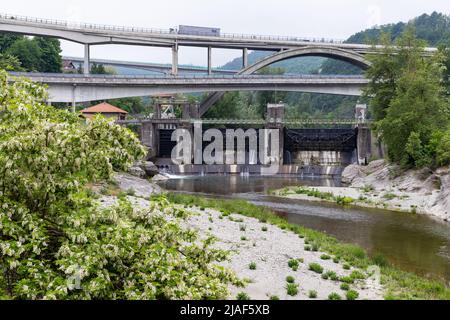 View on the dam in the village Millesimo, in the province Savona, Italy Stock Photo