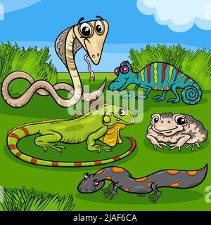 Cartoon illustrations of funny reptiles and amphibians animal characters group Stock Vector
