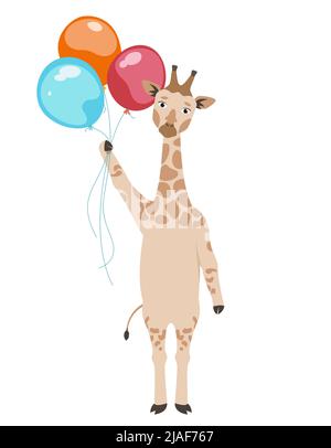 Giraffe holding balloons. Animal in cartoon style. Stock Vector