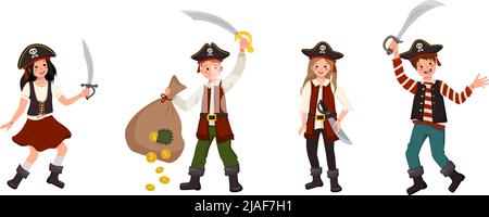 Happy pirates boys and girls with saber, cocked hat, bag of gold coins. Joyful children in carnival costumes. Festive clothing for holiday, New Year and kids party. Vector flat illustration Stock Vector