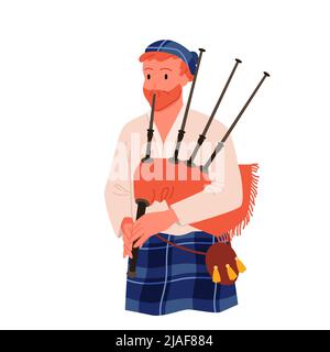 Scottish man bagpiper in kilt playing traditional music melody, scotsman with bagpipe Stock Vector