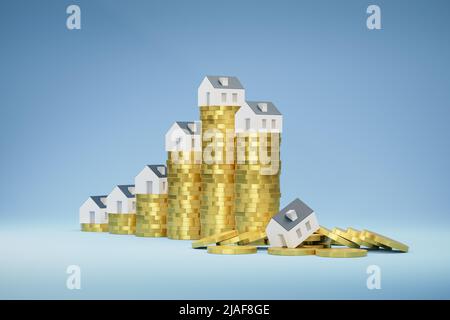 Housing bubble concept: decline of housing prices because of corona and war crisis. Rising and falling stacks of coins topped with houses. Last stack Stock Photo