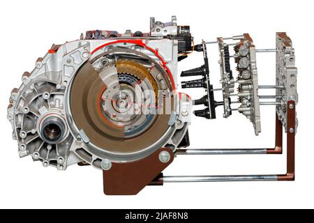 Automatic transmission of a modern car on an exhibition stand in a cut view. Iisolated on a white background. Stock Photo