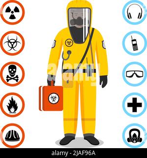 Man in yellow protective suit in flat style. Dangerous profession. Occupational safety and health vector icons. Set of different signs of chemical, ra Stock Vector