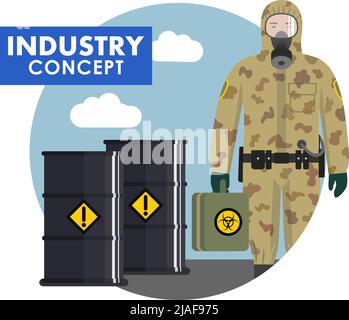 Detailed illustration of barrels with chemical, radioactive, toxic, hazardous substances and worker in flat style. Man in camouflage protective suit i Stock Vector