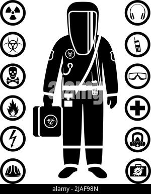 Man in protective suit in flat style. Dangerous profession. Occupational safety and health vector icons. Set of different signs of chemical, radioacti Stock Vector
