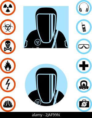 Man in protective suit in flat style. Dangerous profession. Occupational safety and health vector icons. Set of different signs of chemical, radioacti Stock Vector