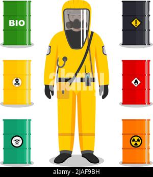 Man in yellow protective suit in flat style. Different metal barrels for oil, biofuel, explosive, chemical, radioactive, toxic, hazardous, dangerous, Stock Vector