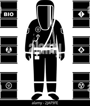 Man in protective suit in flat style. Dangerous profession. Different metal barrels for oil, biofuel, explosive, chemical, radioactive, toxic, hazardo Stock Vector