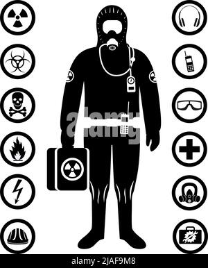Man in protective suit in flat style. Dangerous profession. Occupational safety and health vector icons. Set of different signs of chemical, radioacti Stock Vector