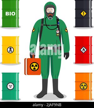 Man in green protective suit in flat style. Different metal barrels for oil, biofuel, explosive, chemical, radioactive, toxic, hazardous, dangerous, f Stock Vector