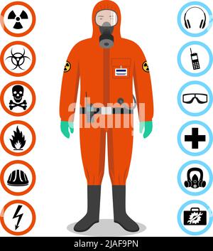 Man in orange protective suit in flat style. Dangerous profession. Occupational safety and health vector icons. Set of different signs of chemical, ra Stock Vector