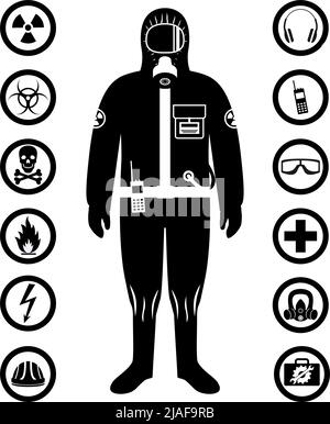 Man in protective suit in flat style. Dangerous profession. Occupational safety and health vector icons. Set of different signs of chemical, radioacti Stock Vector