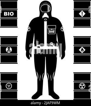 Man in protective suit in flat style. Dangerous profession. Different metal barrels for oil, biofuel, explosive, chemical, radioactive, toxic, hazardo Stock Vector