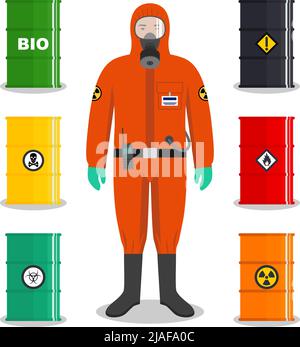 Man in orange protective suit in flat style. Different metal barrels for oil, biofuel, explosive, chemical, radioactive, toxic, hazardous, dangerous, Stock Vector