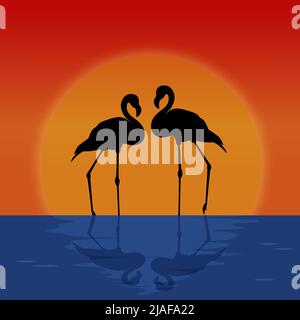 Silhouette pair of flamingos on sunset background. Shadow two tropical birds cartoon. Setting sun is reflected in water. Love concept vector illustrat Stock Vector