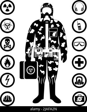 Man in camouflage protective suit in flat style. Dangerous profession. Occupational safety and health vector icons. Set of different signs of chemical Stock Vector