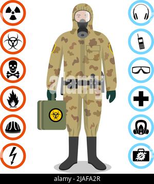 Man in camouflage protective suit in flat style. Dangerous profession. Occupational safety and health vector icons. Set of different signs of chemical Stock Vector