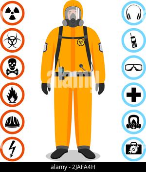 Man in orange protective suit in flat style. Dangerous profession. Occupational safety and health vector icons. Set of different signs of chemical, ra Stock Vector