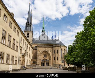 Luxembourg city, May 2022.  exterior view of Notre Dame Cathedral in the city center Stock Photo