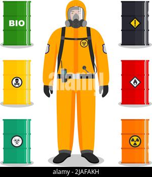 Man in orange protective suit in flat style. Different metal barrels for oil, biofuel, explosive, chemical, radioactive, toxic, hazardous, dangerous, Stock Vector