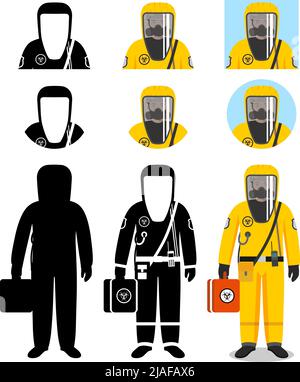 Man in orange protective suit in flat style. Dangerous profession. Protection from chemical, radioactive, dangerous, toxic, poisonous, hazardous subst Stock Vector