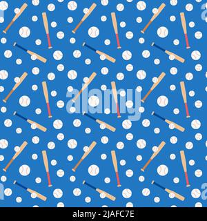Baseball pattern. Seamless blue background with balls and bats for baseball game. Flat vector illustration. Stock Vector