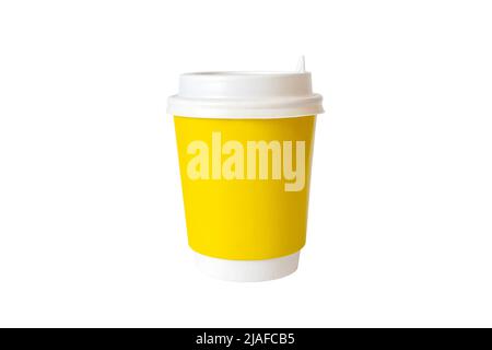 yellow paper coffee mug on a isolated white background. Empty space for text and design on a cup of coffee. form for the name of the coffee or company Stock Photo