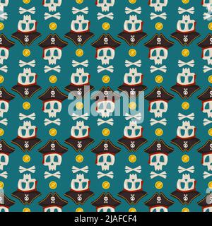 Seamless pattern with skeleton skull and crossbones in pirate cocked hat and gold coin treasure. Print of Item for Halloween on blue background. Design for textile and paper. Vector flat illustration Stock Vector